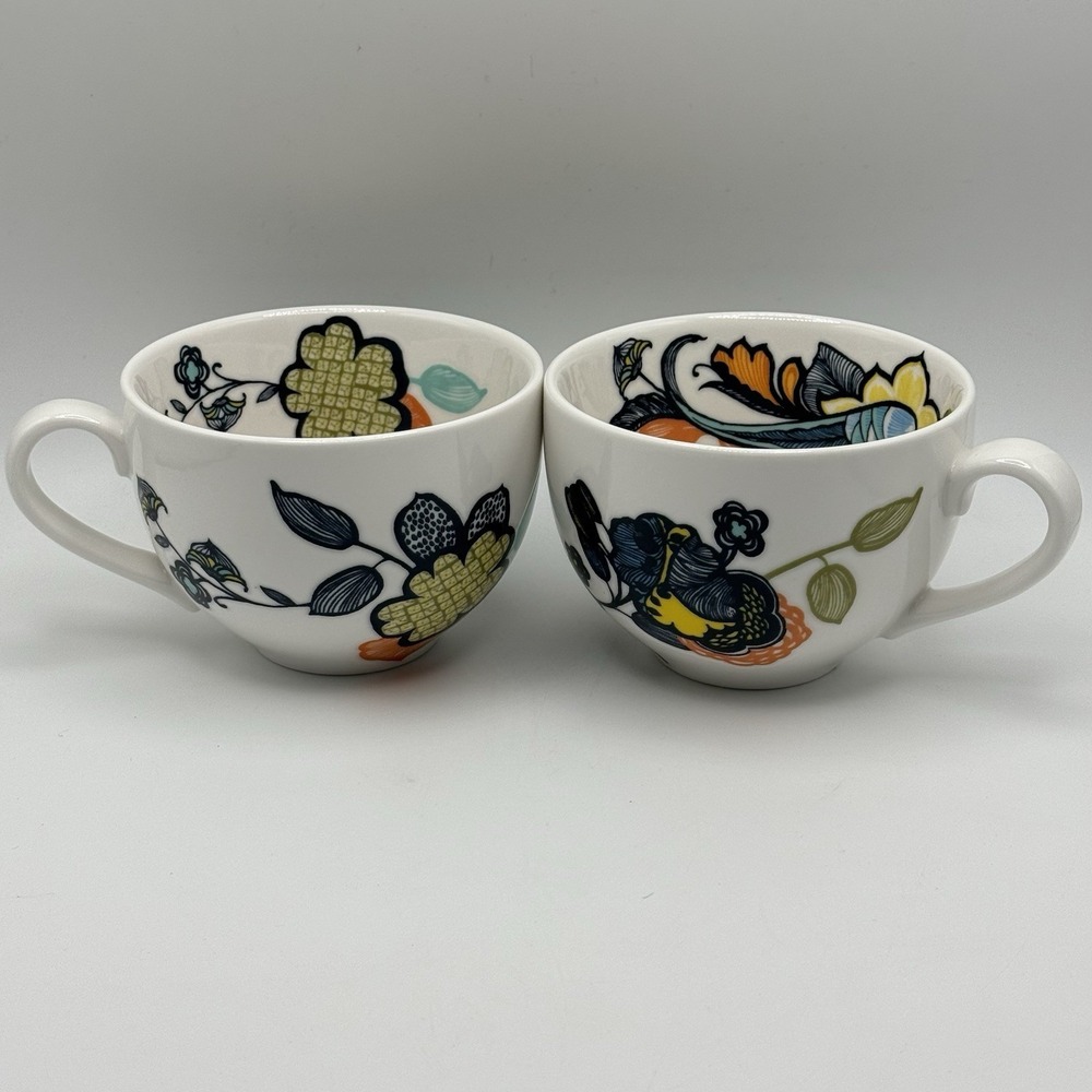 Anthropologie Fish Floral Mug Set of 2 Large Multicolor Tea Coffee Cups